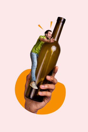 Composite illustration collage of good mood guy adventures have fun glass bottle wine cabernet entertainment isolated on beige backgroundの写真素材