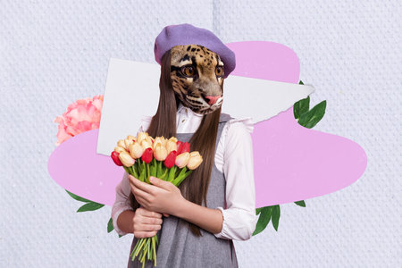 Composite collage portrait of leopard head girl hands hold fresh tulip flowers bouquet isolated on...
