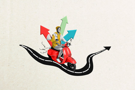 Collage portrait of excited black white effect person driving scooter road arrow pointers indicators isolated on painted backgroundの写真素材