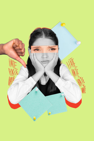 Vertical collage of arm demonstrate thumb down black white effect unsatisfied gloomy girl suffer hate memo stickers isolated on green backgroundの写真素材