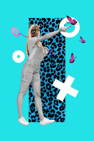 Picture collage image of excited funny lady leopard instead head catching butterflies isolated teal color backgroundの写真素材