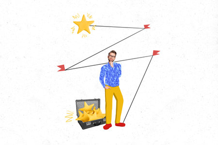 Design collage illustration of thoughtful businessman touch chin looking golden yellow star career...