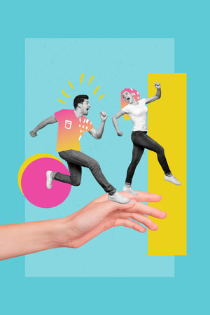 Bright vivid magazine template collage of two people family friends lady guy follow hand to summer season bargain offersの写真素材