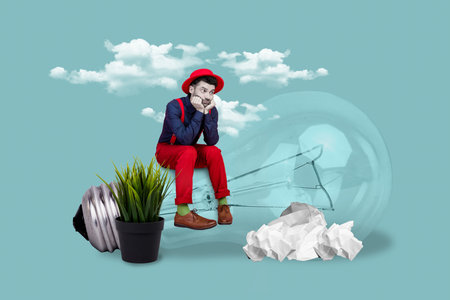 Magazine surreal template collage of upset young guy worker working on project have no idea sit on light off bulbの写真素材