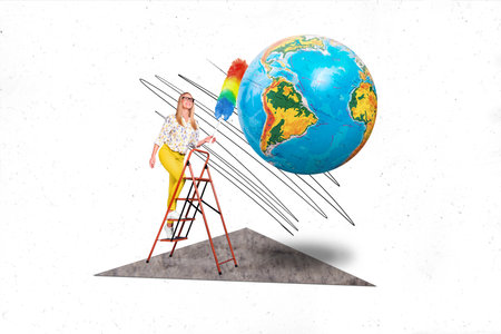 Collage photo concept ecology housekeeper cleaner woman reach upstairs ladder planet earth world protect globe isolated on white backgroundの写真素材