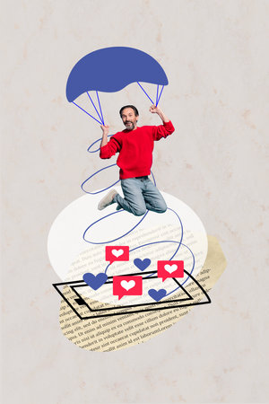 Collage of funny mature age man jump flying parachuting addiction phone screen notifications...
