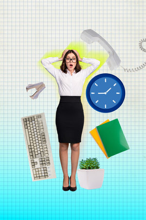 Poster banner collage of lady worker impressed with many tasks busy time management problemの写真素材