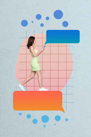 Photo cartoon comics sketch collage picture of smiling lady chatting empty space isolated creative backgroundの写真素材