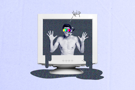 Collage photo sketch of funny diver addicted zombie man hands up inside broken monitor computer error display isolated on grey backgroundの写真素材