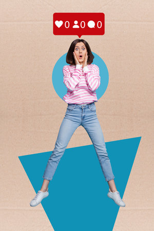 Artwork illustration creative collage of funny young woman jump touch cheeks surprised unpopular blogger isolated on beige backgroundの写真素材