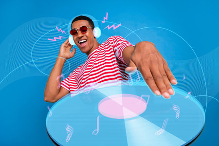 Creative futurism template collage of pop star dj guy playing dynamic music on turntable disc listen headset with hologramsの写真素材