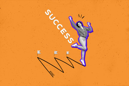 Collage picture of delighted black white effect girl raise fists attainment success path target flags ups downs isolated on orange backgroundの写真素材