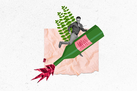 Photo collage artwork minimal picture of impressed guy riding sparkling bottle isolated graphical backgroundの写真素材