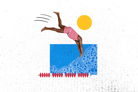 Crazy funny young man swimwear jumping diving water wave barefoot enjoy ocean vibe tourism resort vacation isolated on white backgroundの写真素材