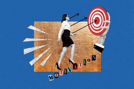 Creative motivation conceptual collage of young business lady reach her goals achievement target dartboard isolated on blue backgroundの写真素材