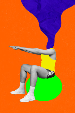 Vertical collage picture of black white colors headless guy sit squat fit ball isolated on creative orange backgroundの写真素材