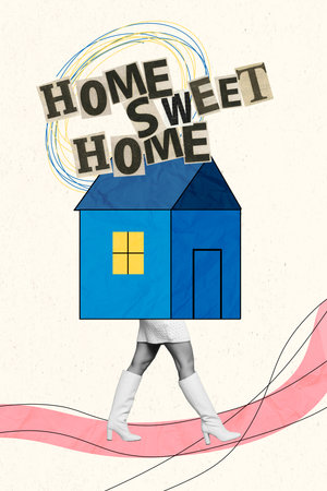 Vertical collage illustration of headless house apartment sweet home refugees coming ukraine returning isolated on drawn backgroundの写真素材