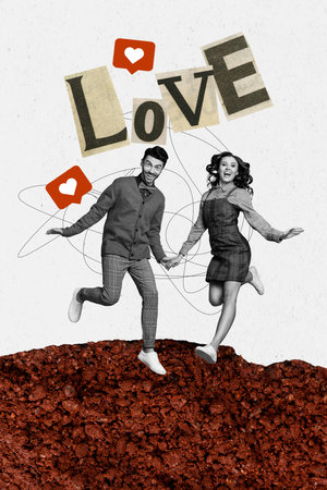 Vertical collage picture of two black white colors partners hold arms jumping love like notification isolated on painted backgroundの写真素材