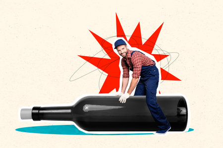Photo collage template illustration alcoholic funny mechanic worker man push huge bottle wine restaurant cafe isolated on beige backgroundの写真素材