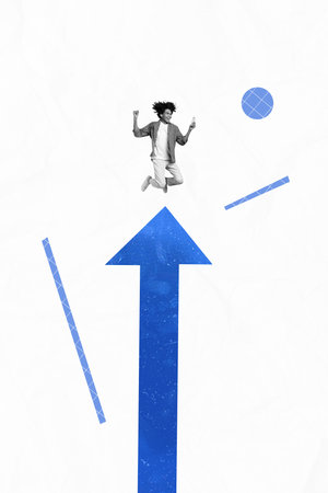 Collage 3d image of pinup pop retro sketch of jumping young man hold device smartphone virtual connection arrow point up success have funの写真素材