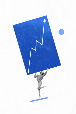 Collage sketch image of excited lady showing successful startup presentation isolated white color backgroundの写真素材