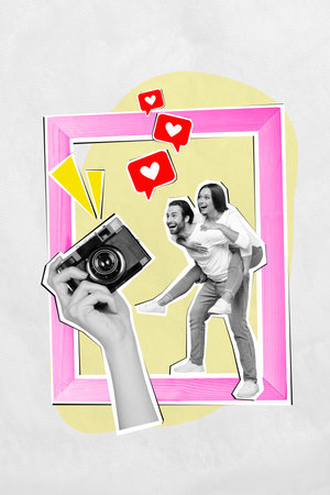 Creative drawing collage picture of funny couple carry piggyback hand hold camera happy memory photo frame anniversary valentine dayの写真素材