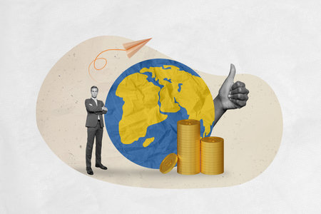 3d abstract creative artwork template collage of confident businessman planet earth international business thumb up planet earth moneyの写真素材