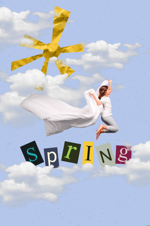 Vertical collage image of peaceful carefree girl hold blanket flying clouds blue sky paper sun...