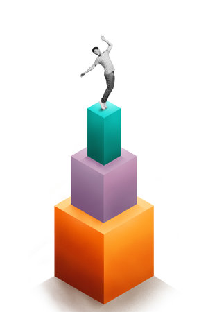 Vertical collage image of impressed mini black white effect guy stand balancing top pile stack platforms isolated on painted backgroundの写真素材