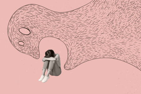 Collage image of big painted monster eating mini black white effect unsatisfied depressed girl...