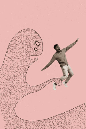 Vertical collage picture of huge painted monster catch hold leg impressed scared mini black white colors guy isolated on beige backgroundの写真素材