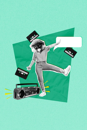 Concert collage of young headless surreal animal masquerade discotheque concert listen old boombox singing isolated on green backgroundの写真素材