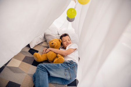 Portrait of adorable small schoolboy lying floor cuddle plushie tent fort toys wear white shirt modern interior playroom daycare indoorsの写真素材