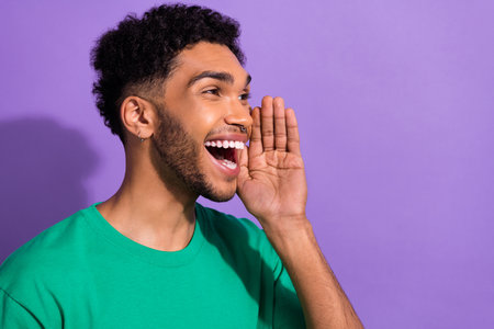Portrait of crazy promoter guy shouting breaking news novelty shopping announcement isolated purple...