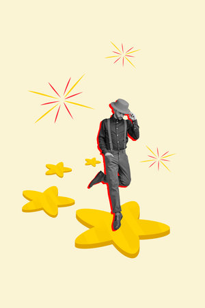 Minimal 3d image placard collage of confident handsome bachelor have fun wear hat suspenders stag party isolated on white color backgroundの写真素材