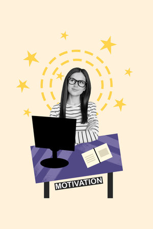 Poster artwork sketch image collage of dreamy cute lady sitting desk classroom doing homework isolated on drawing color backgroundの写真素材