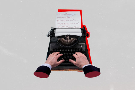 Collage illustration novelist worker author hands typing letterpress mechanical retro keyboard sheet isolated on grey color backgroundの写真素材