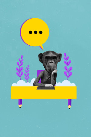 Creative composition collage template of headless surreal monkey mask animal human person minded studying isolated on blue backgroundの写真素材