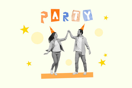 Banner placard collage of two youth people dancing chilling weekend catch rhythm black white retro style isolated on drawing backgroundの写真素材