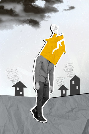 Vertical creative composite photo collage of sad depressed headless man house instead of head lost home isolated on drawing backgroundの写真素材