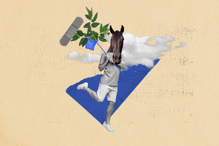 Collage image of black white effect horse head guy arms hold net catch plant leaves medical patch clouds sky isolated on beige backgroundの写真素材
