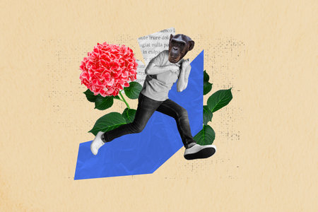 Collage picture of mini black white colors guy monkey head running huge flower piece book page text isolated on beige backgroundの写真素材