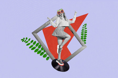 Artwork collage of positive mini black white effect girl dancing vinyl record wooden photo frame plant leaves isolated on violet backgroundの写真素材