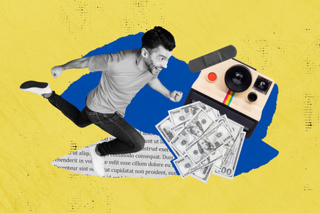 Collage illustration promo job journalist photographer old style camera shooting dollars income money isolated on blue yellow backgroundの写真素材