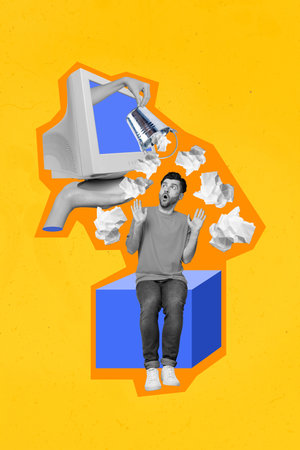 Vertical creative collage photo concept of astonished man look at information garbage fall out monitor isolated on yellow backgroundの写真素材
