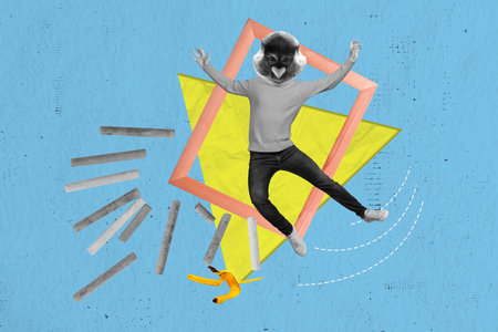 Collage portrait of carefree black white effect guy monkey head jumping wooden photo frame chalk banana peel isolated on blue backgroundの写真素材
