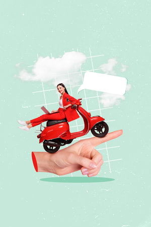 Poster template collage 3d image of glamour elegant girl office worker sitting scooter writing sms send email letter speed wifi connectionの写真素材