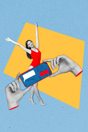 Vertical sketch artwotk collage picture of positive blogger enjoy beach party photographing modern device isolated on drawing backgroundの写真素材