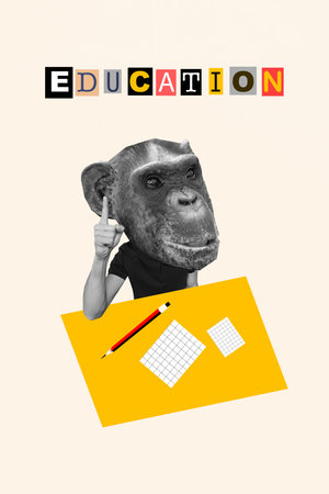Cartoon comics sketch collage picture of smart clever monkey head student starting education isolated white color backgroundの写真素材