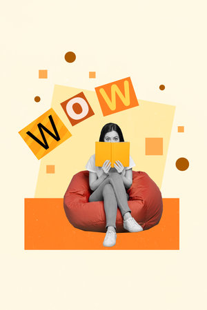 Artwork picture sketch image collage of funky excited girl sit bean bag relax read detective story isolated on drawing color backgroundの写真素材